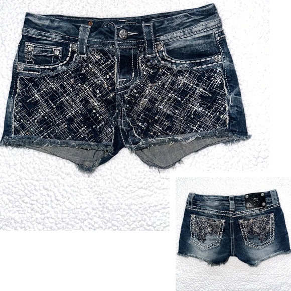 MISS ME signature low rise jean shorts cutoff denim embellished distressed 26 - Picture 15 of 15